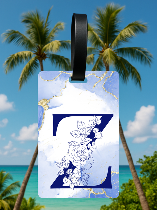 Blue Marble Monogram Luggage Tag – Custom Floral Initial Travel Tag