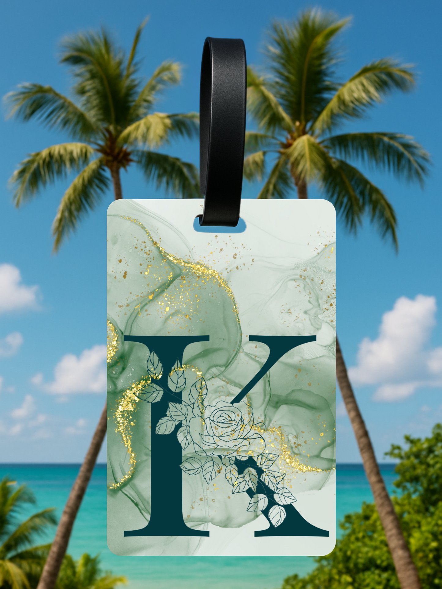 Green Marble Monogram Luggage Tag – Custom Floral Initial Travel Tag