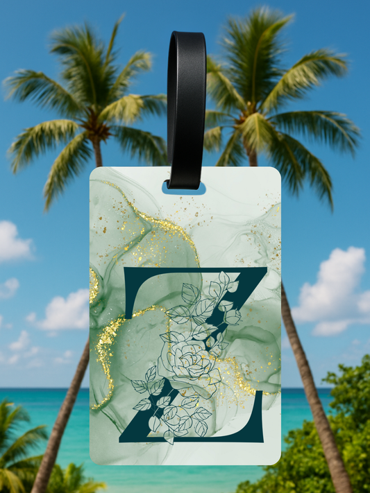 Green Marble Monogram Luggage Tag – Custom Floral Initial Travel Tag