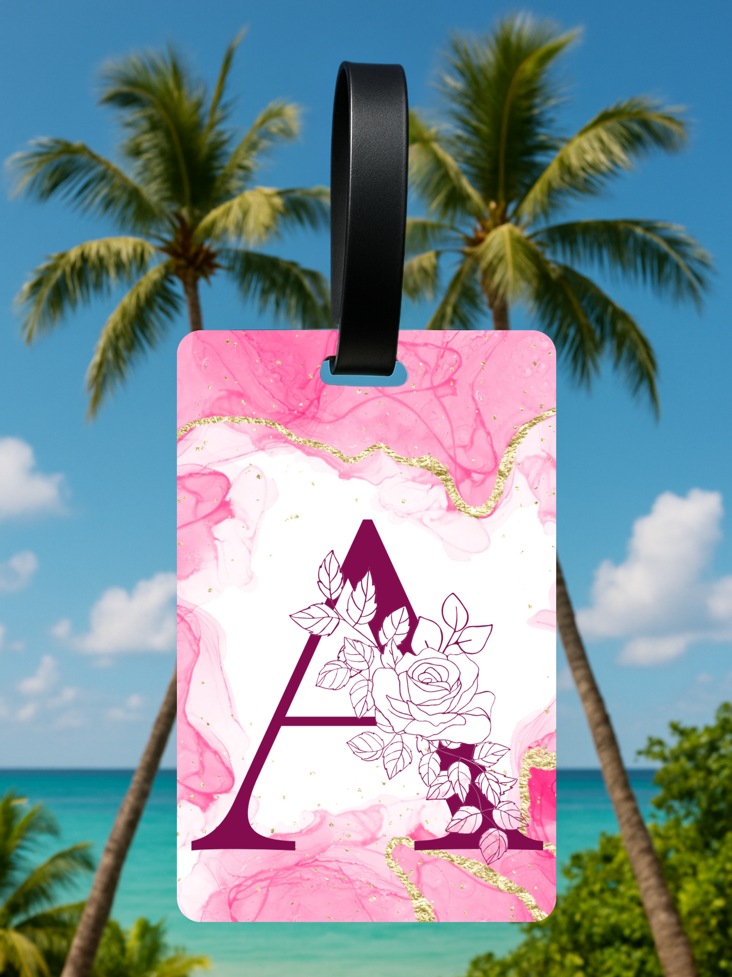 Pink Marble Monogram Luggage Tag – Custom Floral Initial Travel Tag