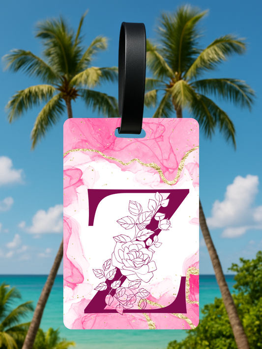 Pink Marble Monogram Luggage Tag – Custom Floral Initial Travel Tag