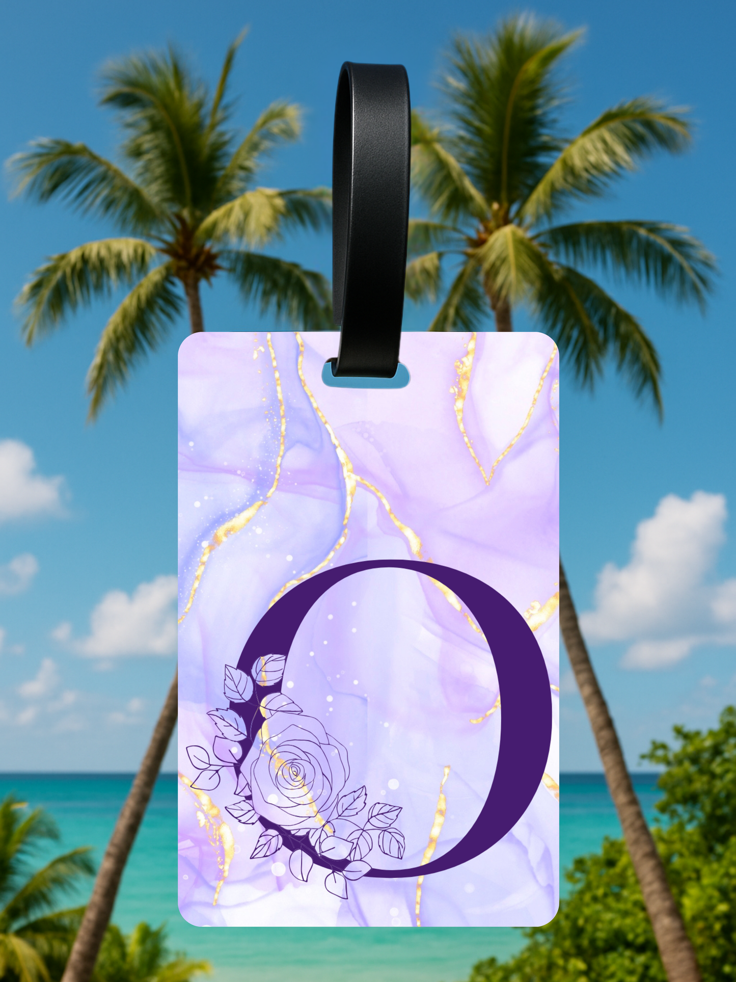 Purple Marble Monogram Luggage Tag – Custom Floral Initial Travel Tag
