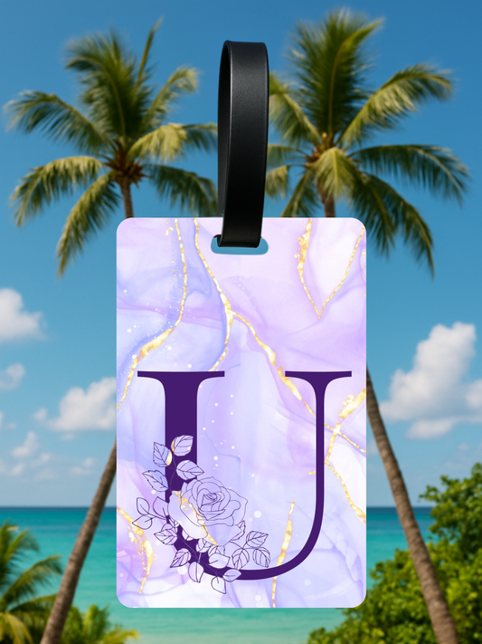 Purple Marble Monogram Luggage Tag – Custom Floral Initial Travel Tag