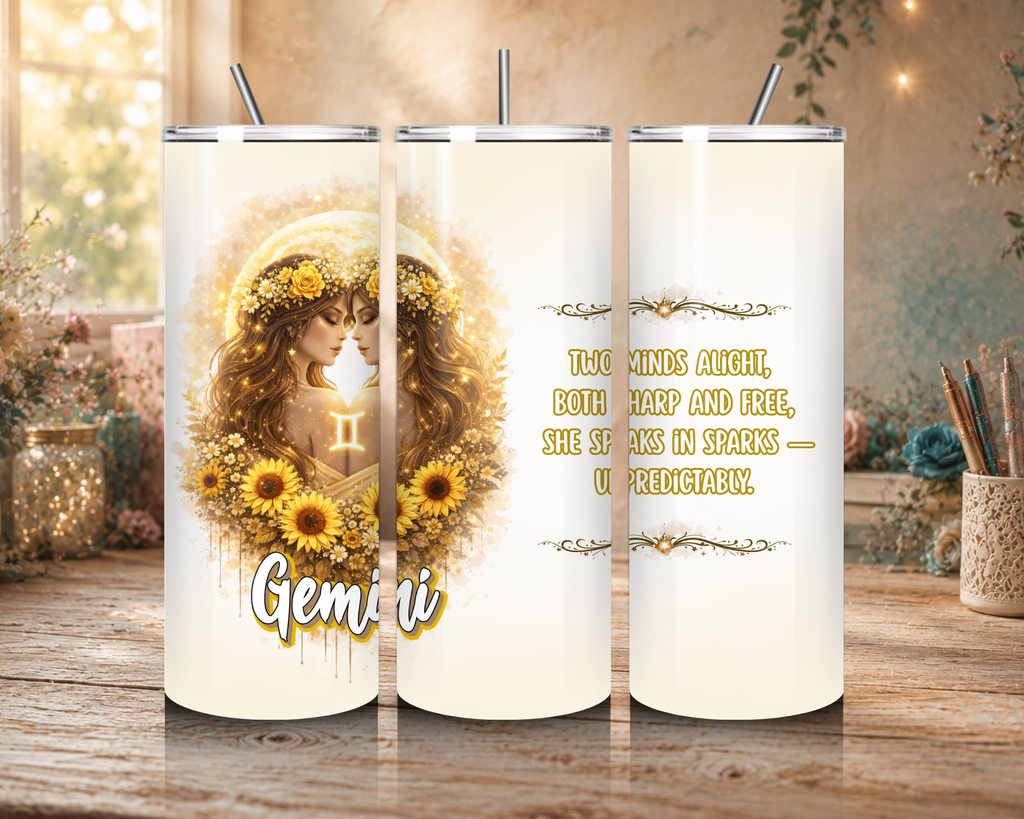Gemini Zodiac Goddess 20 oz tumbler featuring twin women, golden flowers, sunflowers, a crescent moon, and the Gemini symbol and affirmation