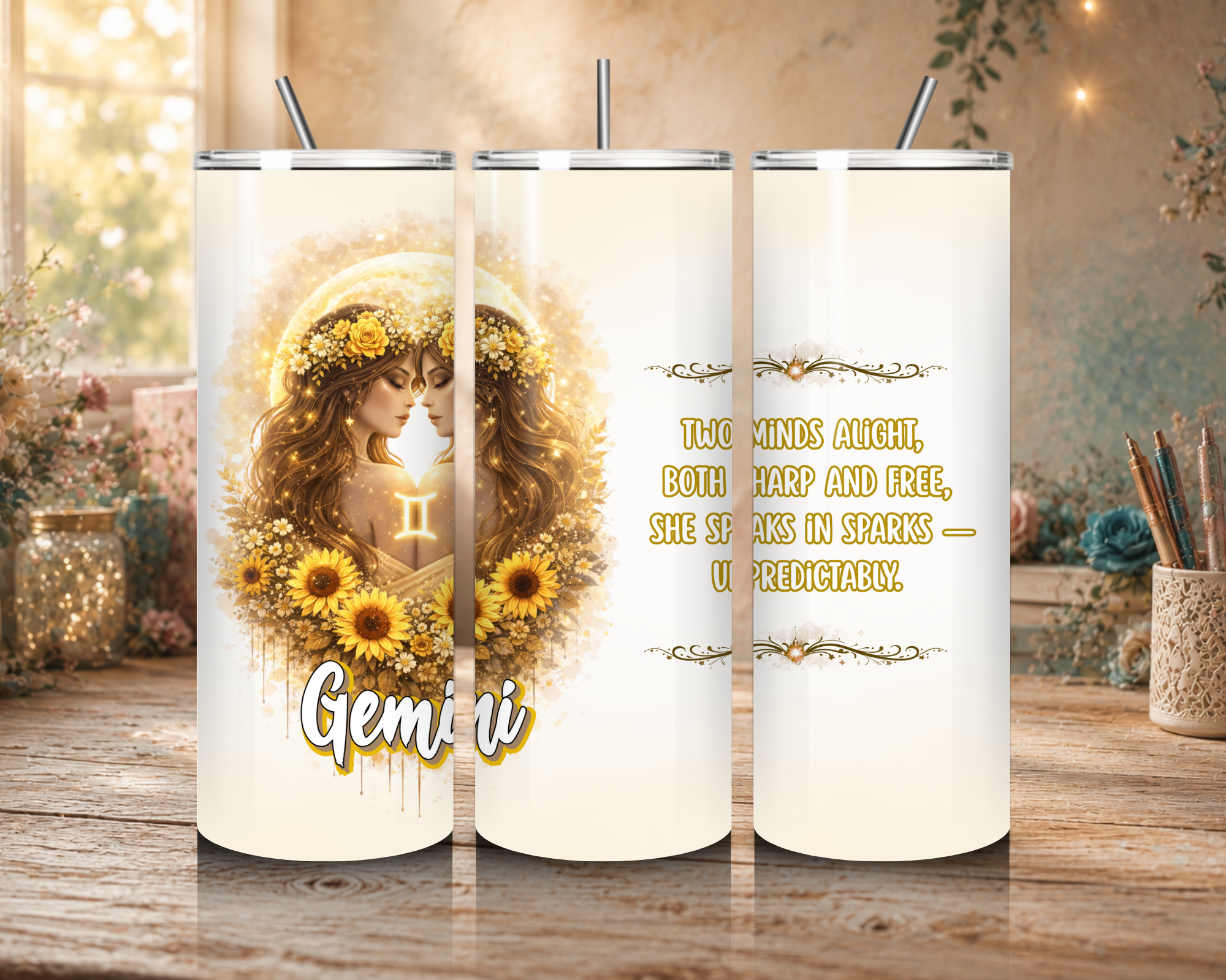 Gemini Zodiac Goddess 20 oz tumbler featuring twin women, golden flowers, sunflowers, a crescent moon, and the Gemini symbol and affirmation