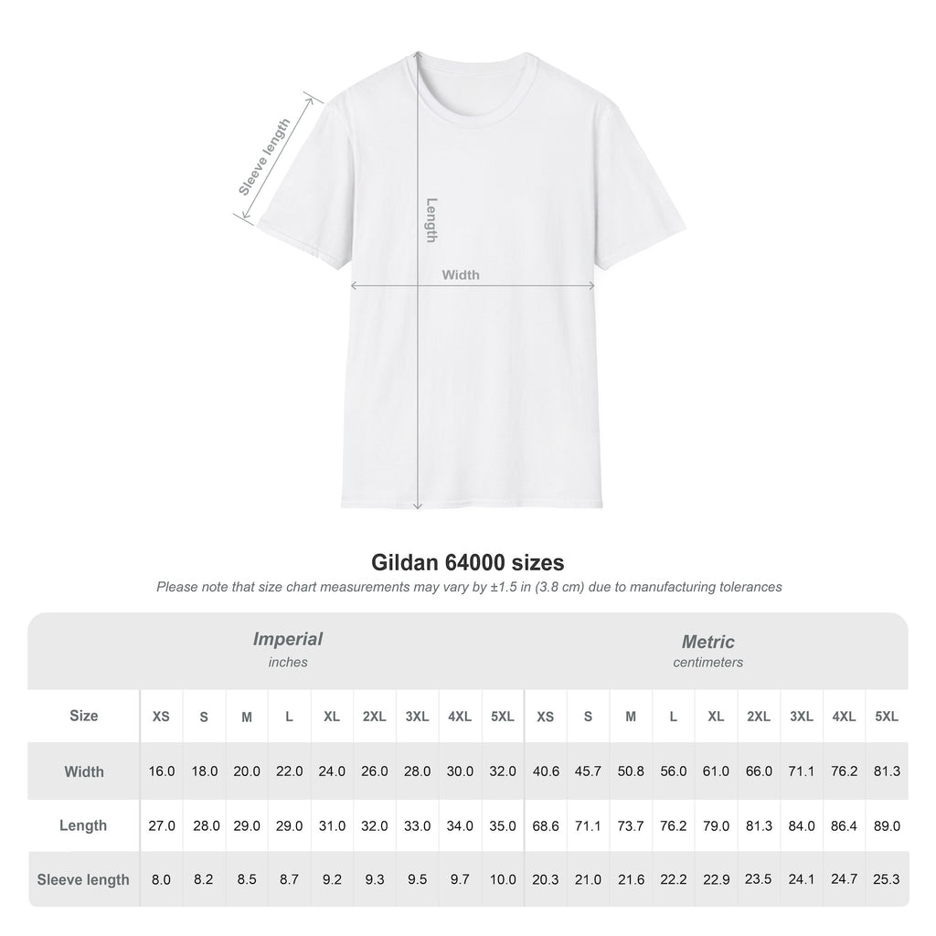 Gildan 64000 unisex T-shirt size chart with measurements for sizes XS through 5XL