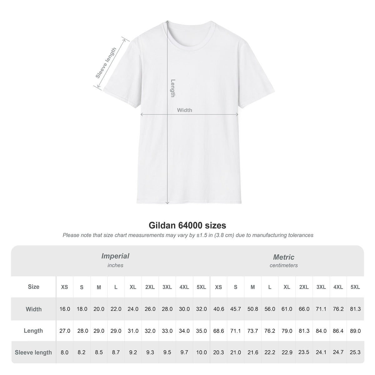 Gildan 64000 unisex T-shirt size chart with measurements for sizes XS through 5XL