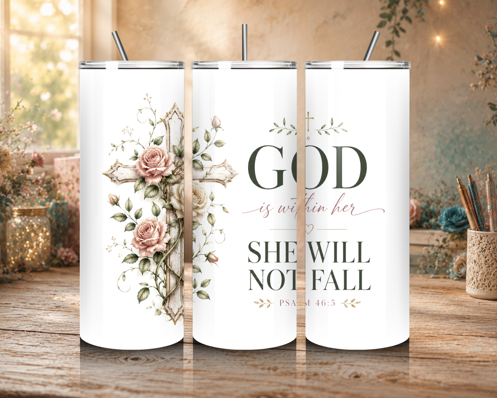 God Is Within Her 20 oz tumbler design featuring soft blush roses, delicate greenery, and the inspirational Psalm 46:5 Bible verse.