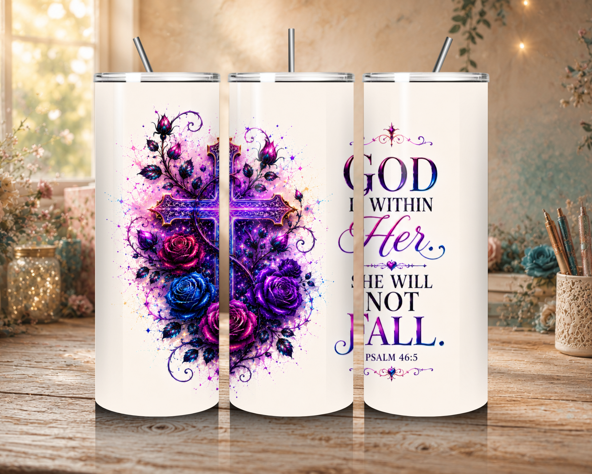 God Is Within Her 20 oz tumbler design featuring a glowing purple cross, vibrant purple and blue roses, and the inspirational Psalm 46:5 Bible verse.