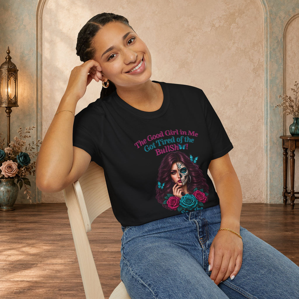 Female model wearing a Black Good Girl in Me adult-humor graphic T-shirt