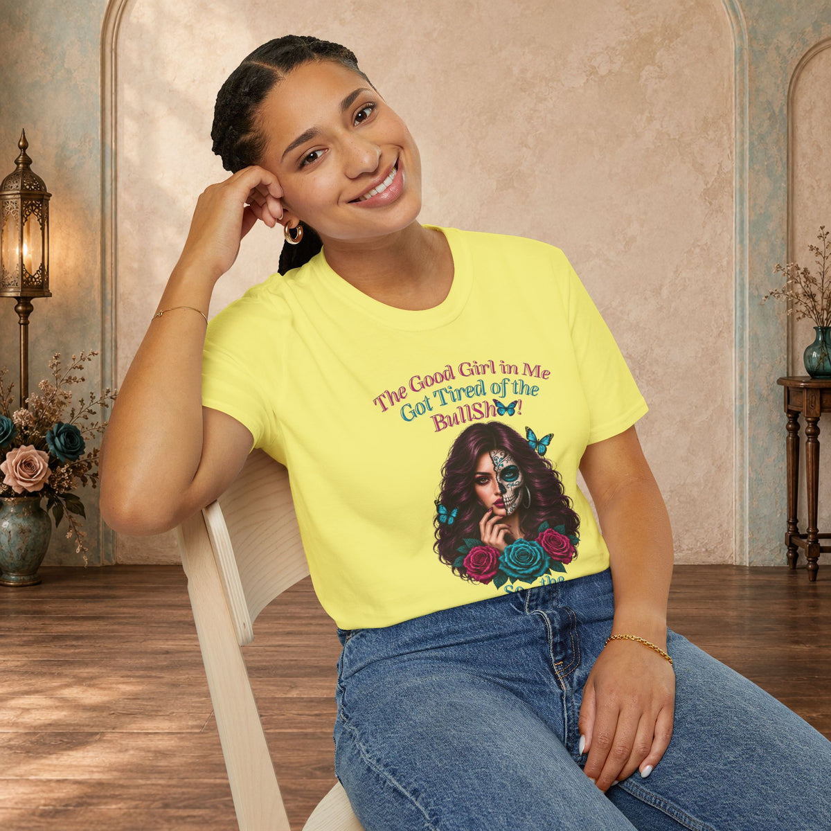 Female model wearing a Cornsilk Good Girl in Me adult-humor T-shirt