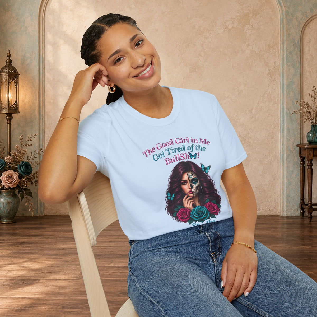 Female model wearing a Light Blue Good Girl in Me graphic T-shirt