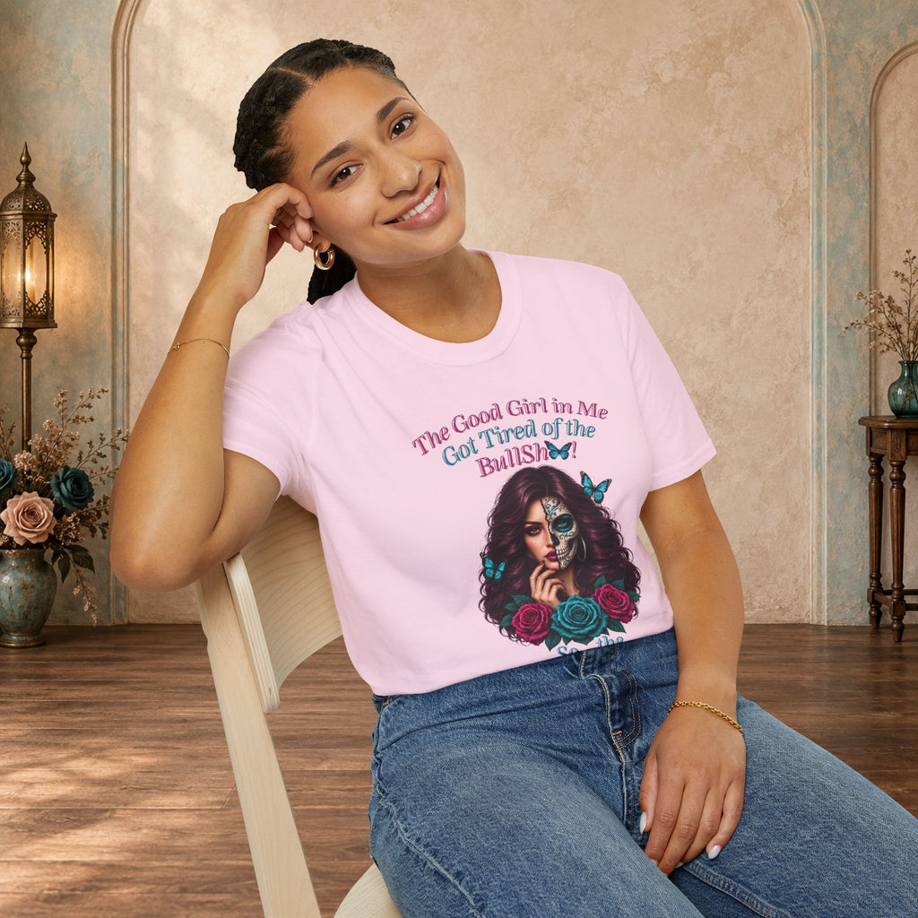 Female model wearing a Light Pink Good Girl in Me sarcastic T-shirt
