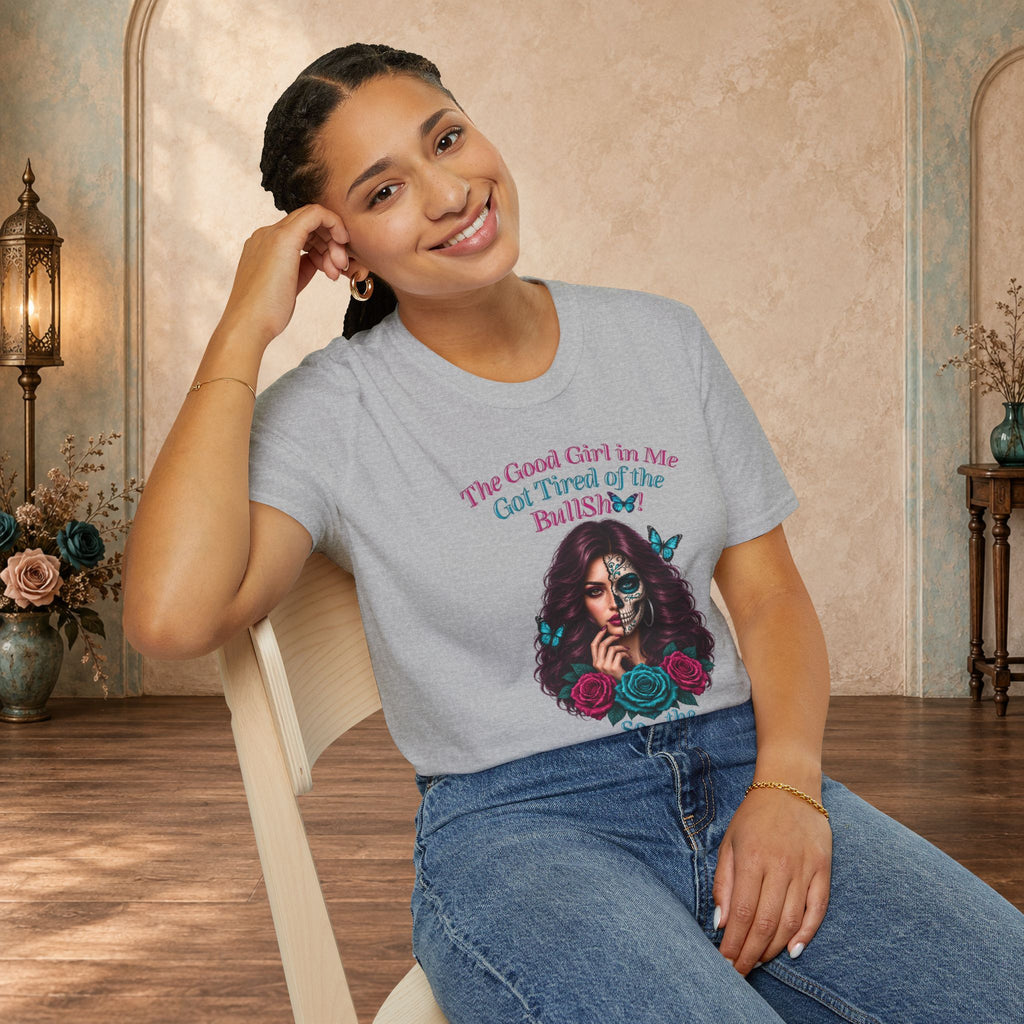 Female model wearing a Sport Grey Good Girl in Me graphic T-shirt