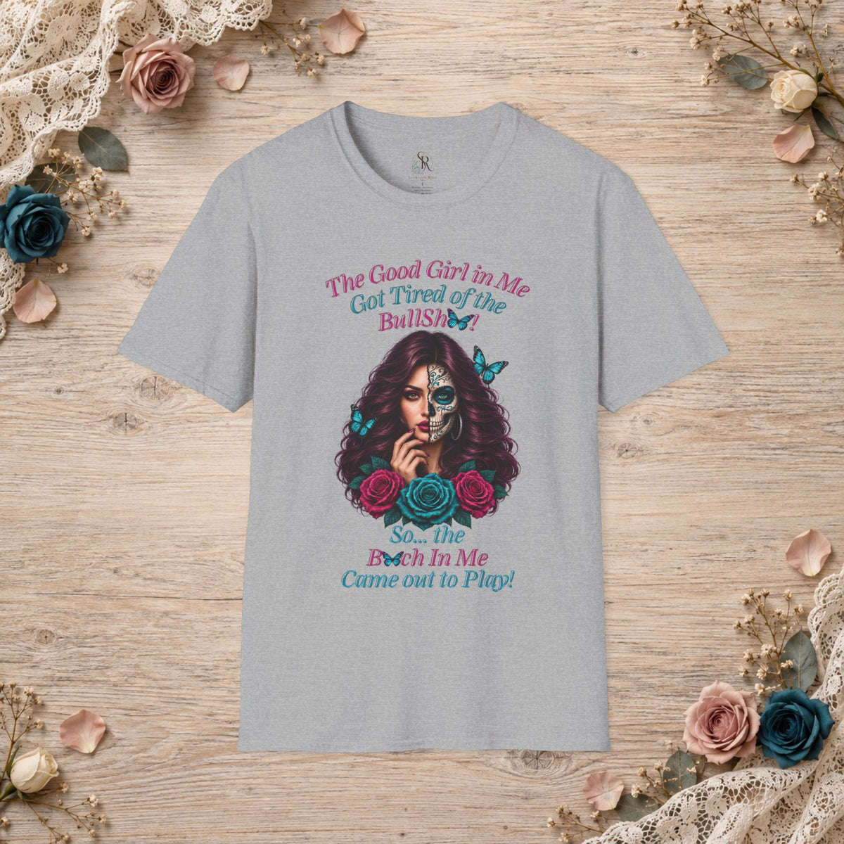 Sport Grey Good Girl in Me T-shirt shown flat with sugar-skull artwork