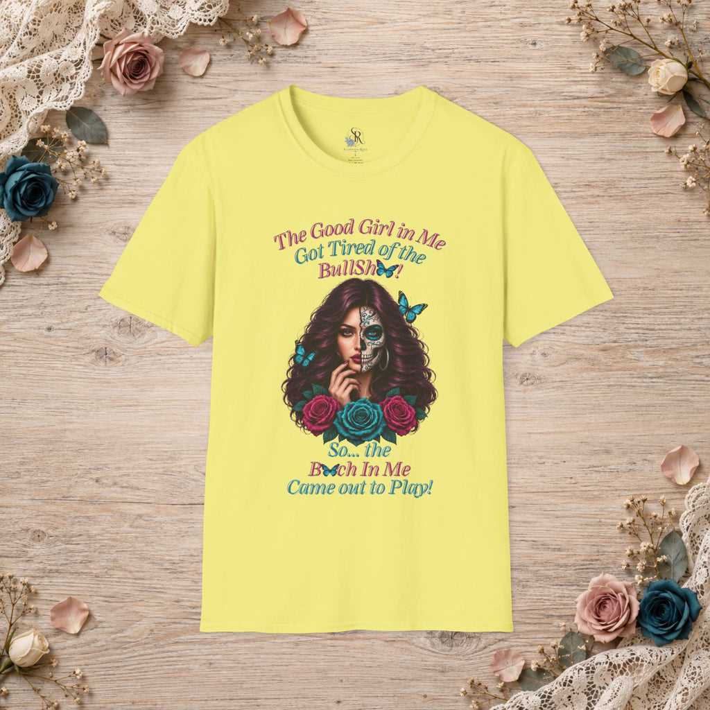 Cornsilk Good Girl in Me T-shirt shown flat with colorful front graphic