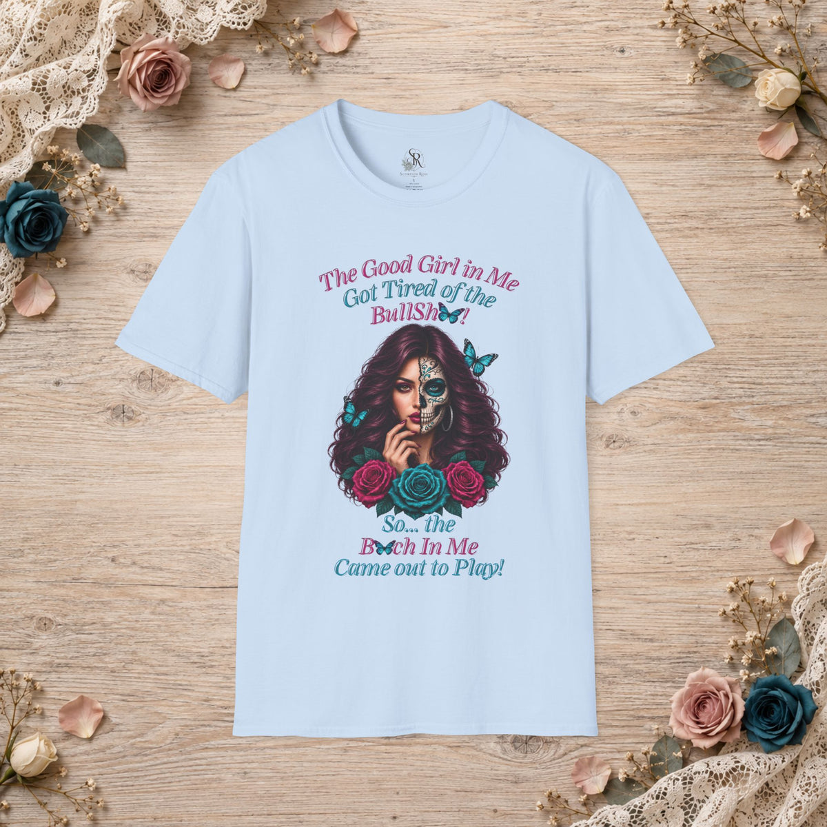 Light Blue Good Girl in Me T-shirt shown flat with sugar-skull design