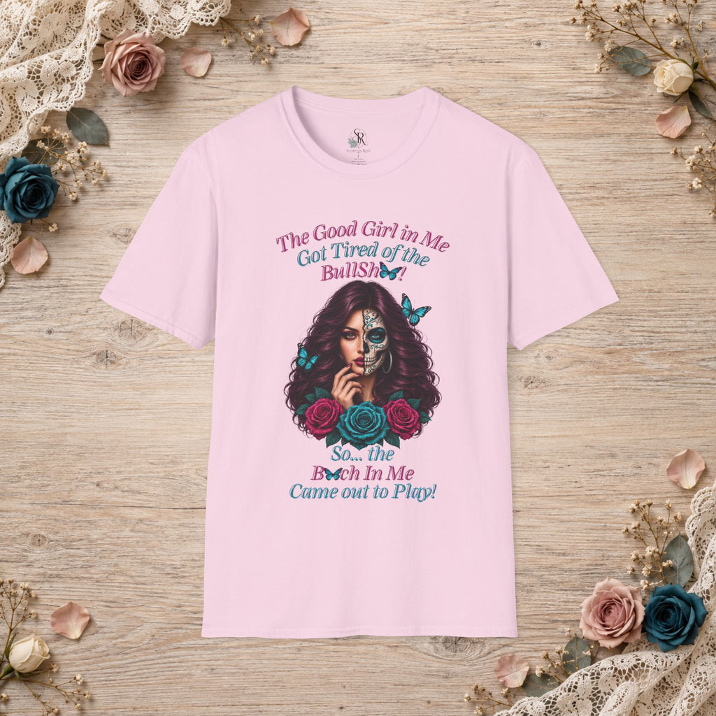 Light Pink Good Girl in Me T-shirt shown flat with colorful front artwork