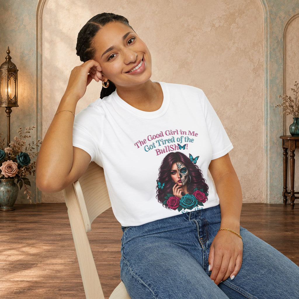 Female model wearing a White Good Girl in Me sarcastic graphic T-shirt