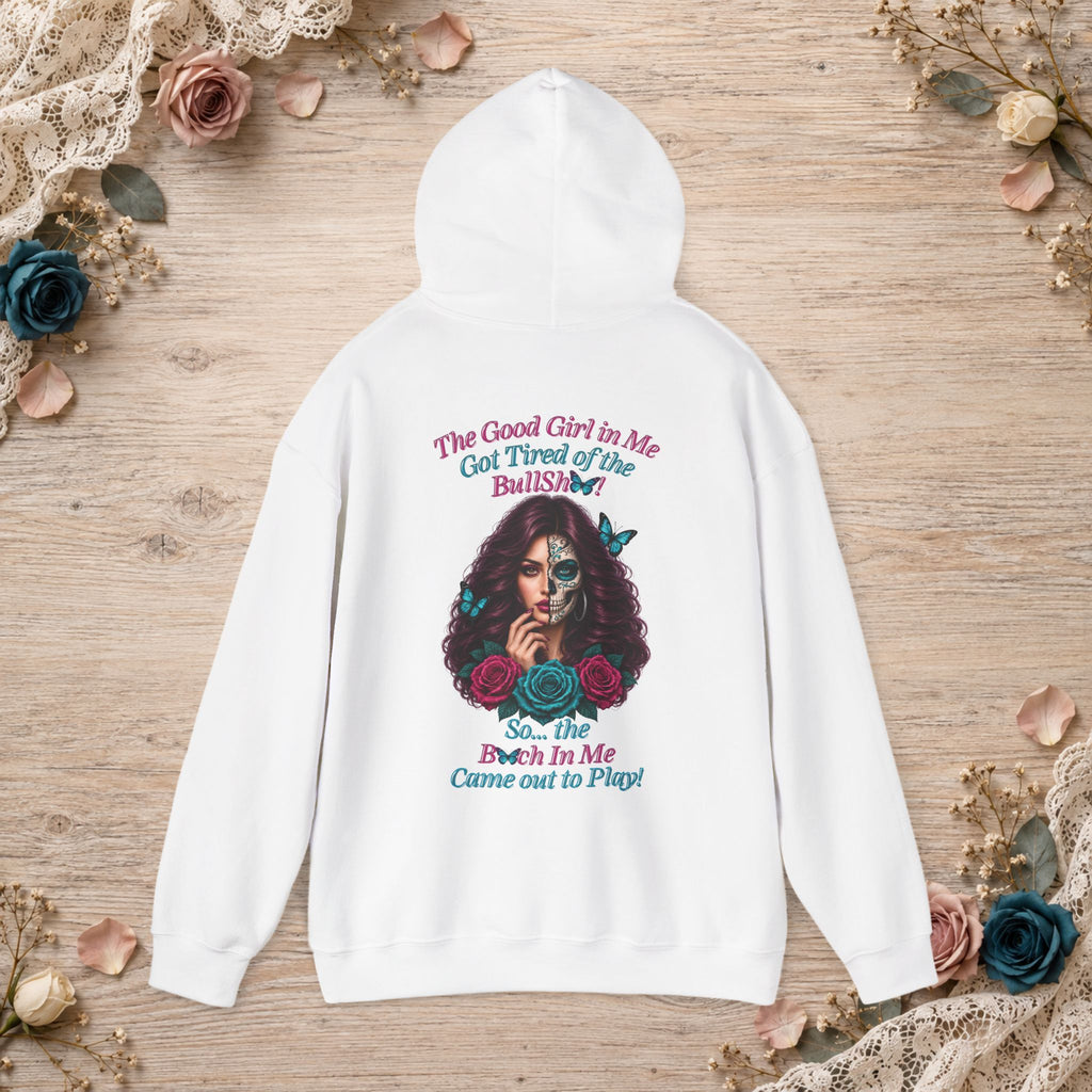 Back of white hoodie featuring the Good Girl sugar skull woman, roses, butterflies and statement quote