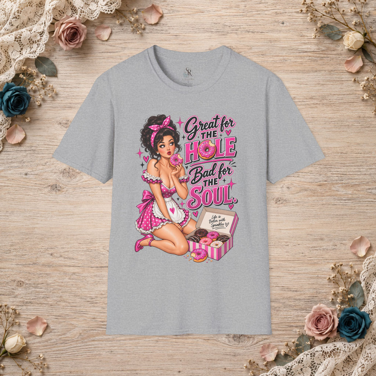 Great for the Hole Bad for the Soul pink pin-up T-shirt in Sport Grey
