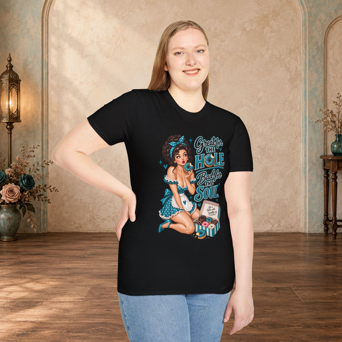 Female model wearing the Great for the Hole Bad for the Soul teal pin-up T-shirt