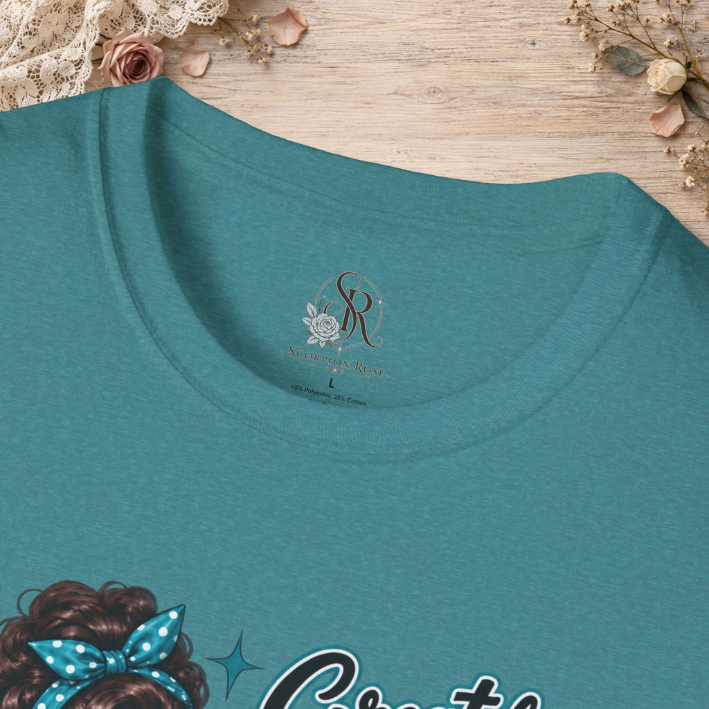 Scorpion Rose Designs custom inner neck label inside the Heather Galapagos Blue T-shirt