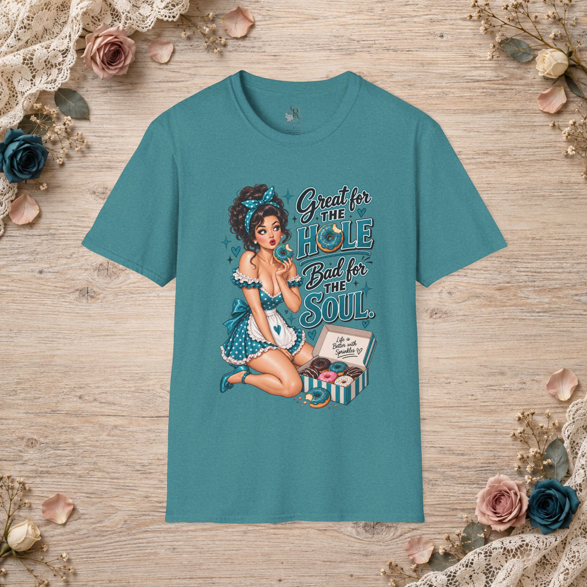 Great for the Hole Bad for the Soul teal pin-up T-shirt in Heather Galapagos