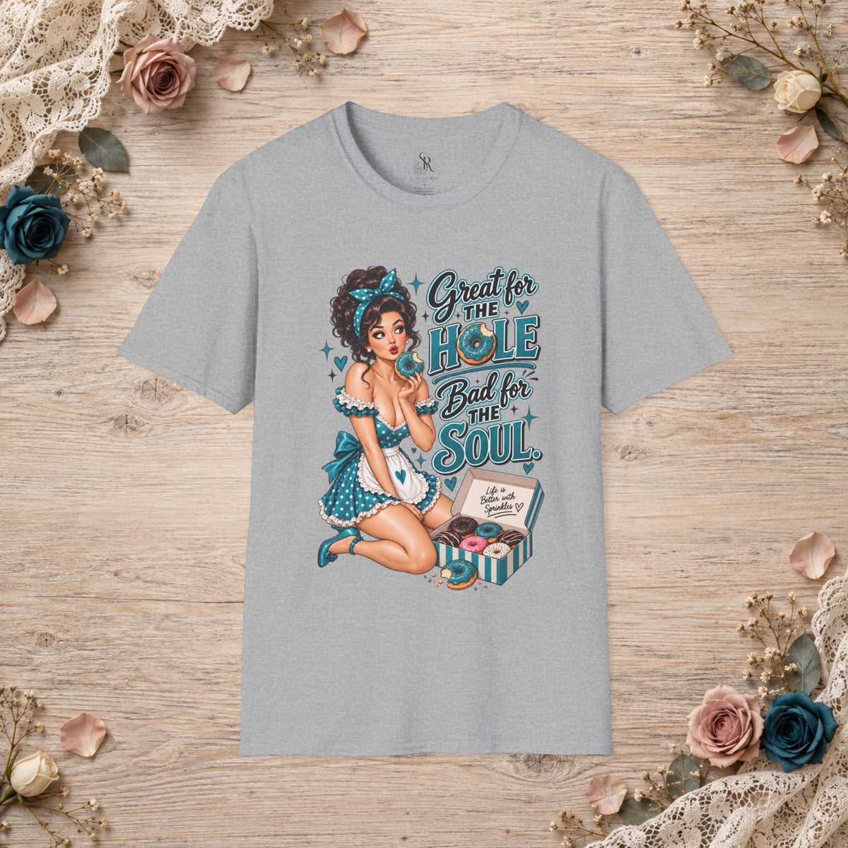 Great for the Hole Bad for the Soul teal pin-up T-shirt in Sports Grey