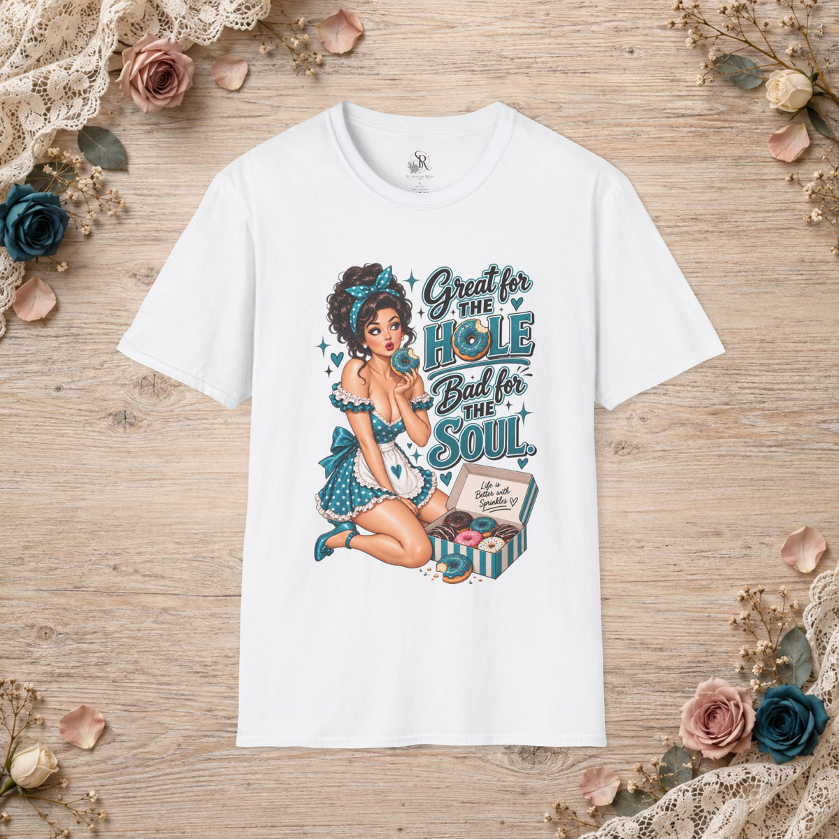 Great for the Hole Bad for the Soul teal pin-up T-shirt in White