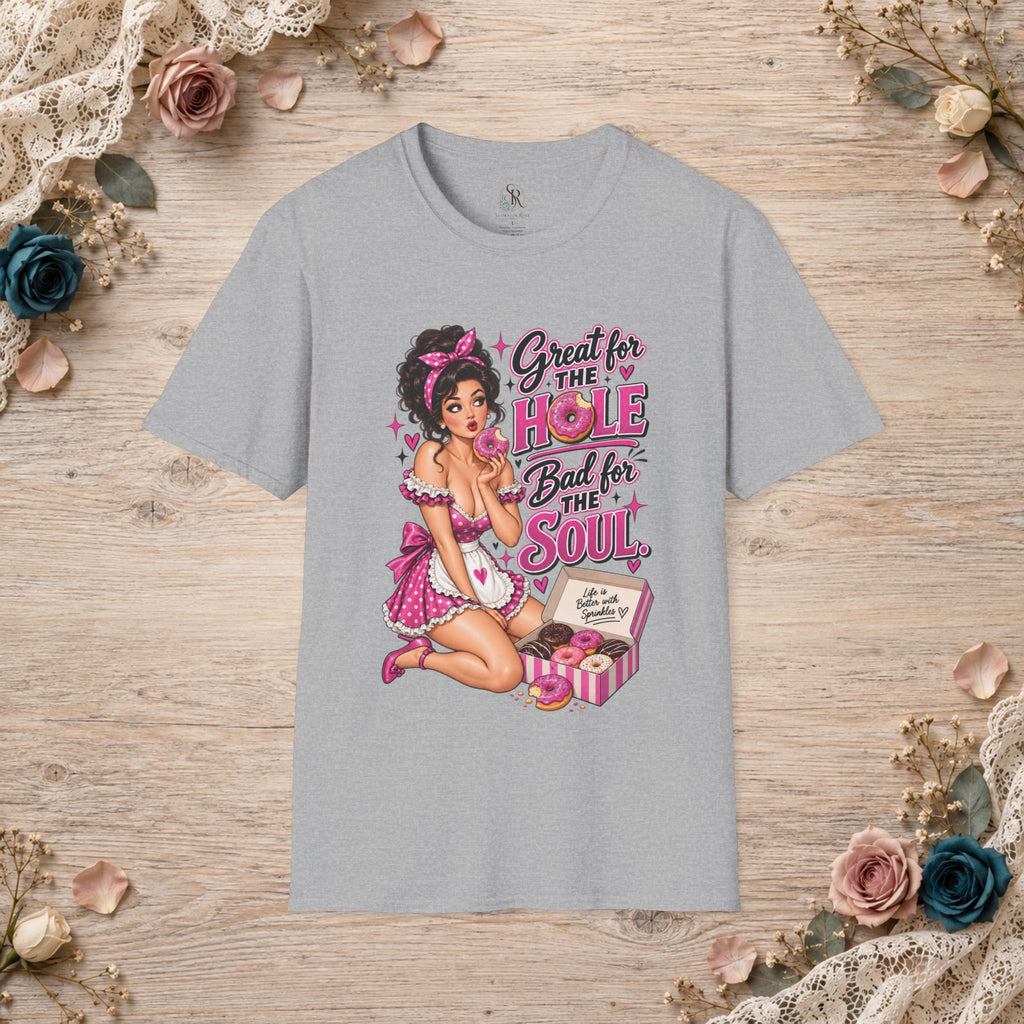 Sport Grey unisex T-shirt displayed flat with the Great for the Hole, Bad for the Soul pink pin-up and donut graphic.
