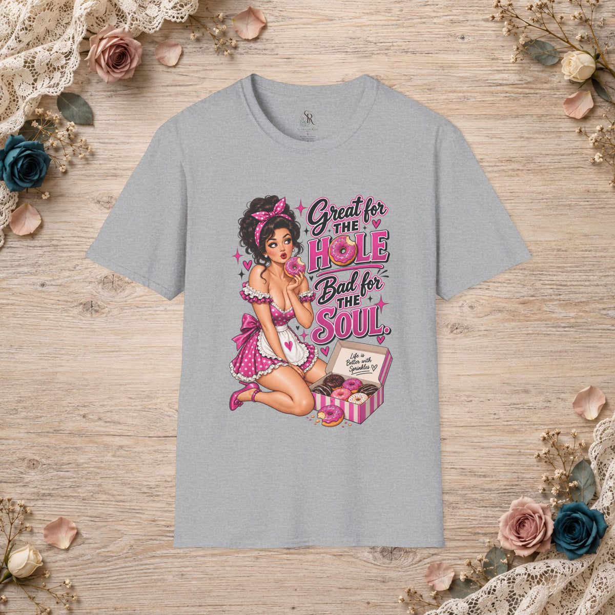 Sport Grey unisex T-shirt displayed flat with the Great for the Hole, Bad for the Soul pink pin-up and donut graphic.