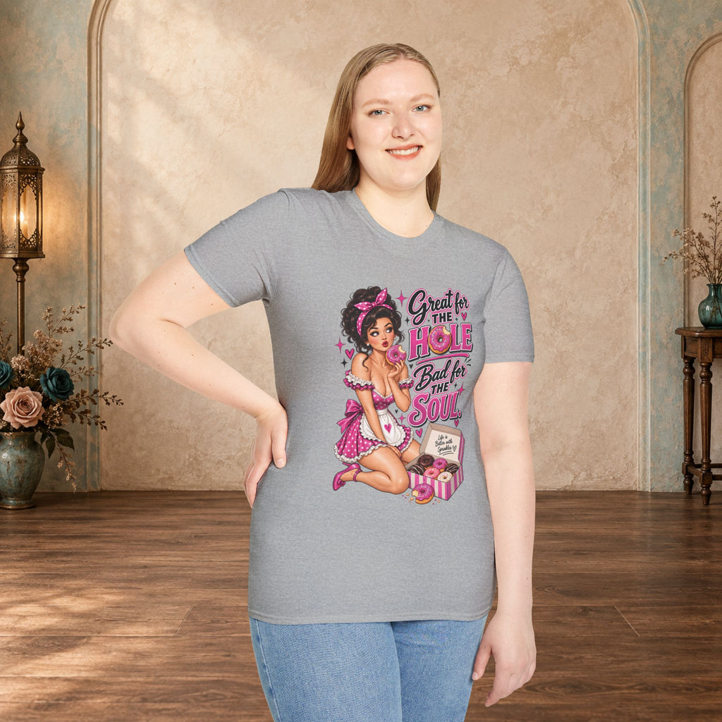 Woman modeling a Sport Grey unisex T-shirt featuring the Great for the Hole, Bad for the Soul pink pin-up design.