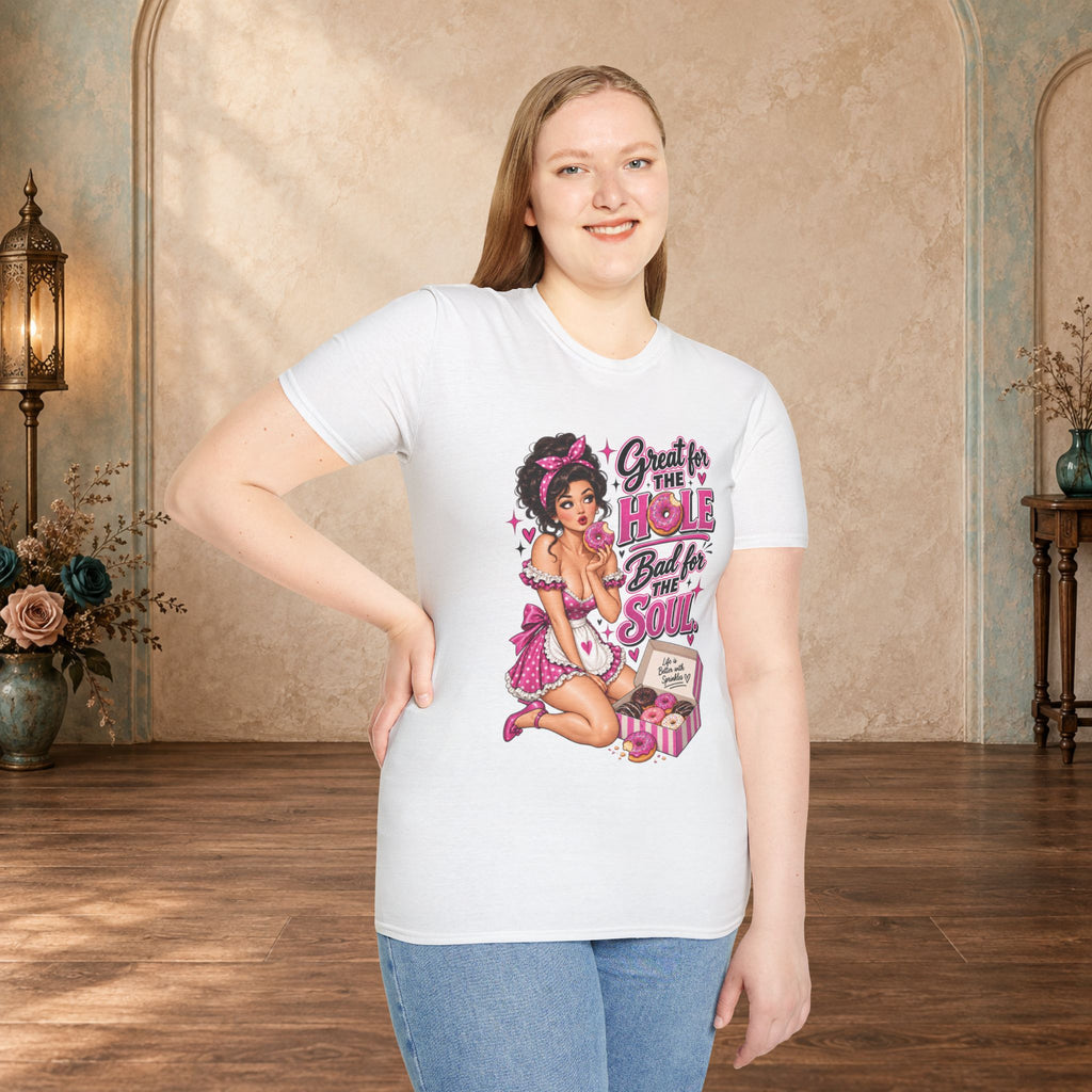 Woman modeling a white unisex T-shirt featuring the Great for the Hole, Bad for the Soul pink pin-up design.