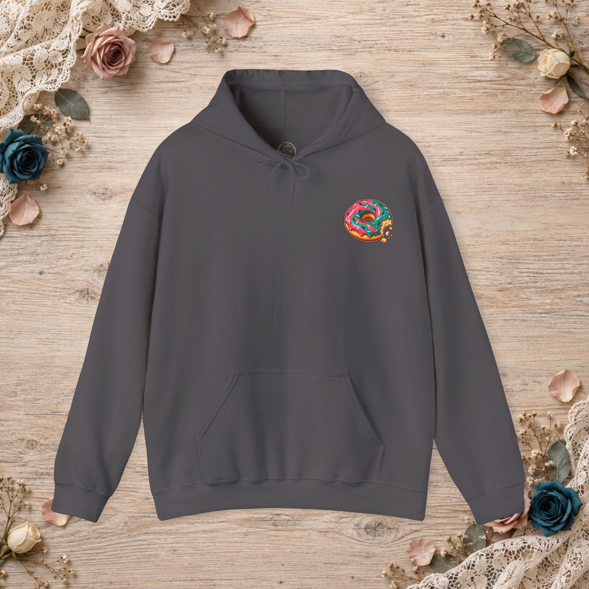 Charcoal Great for the Hole, Bad for the Soul hoodie with small donut design on the front left chest