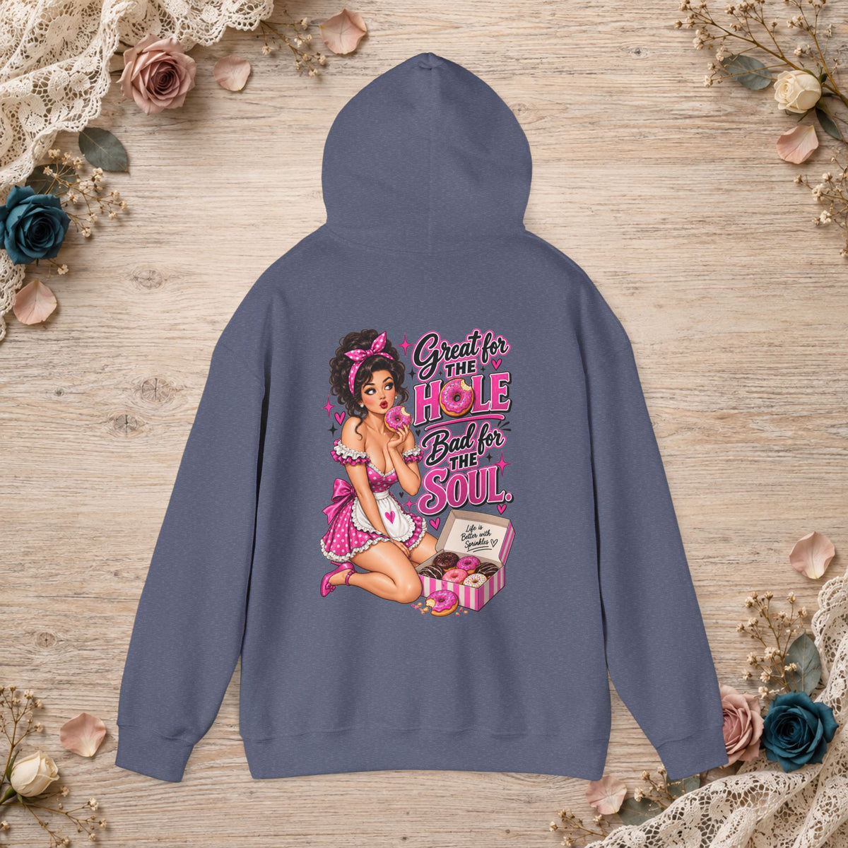 Back of heather navy hoodie featuring the pink Great for the Hole, Bad for the Soul vintage pin-up design