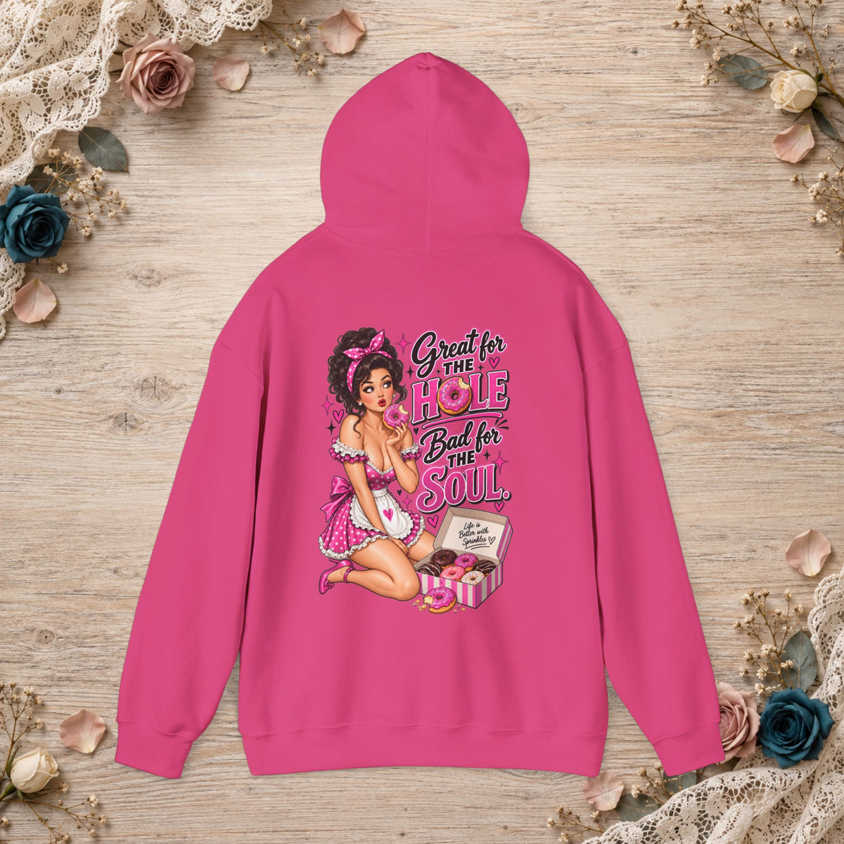 Back of heliconia hoodie featuring the pink Great for the Hole, Bad for the Soul soul vintage pin-up design