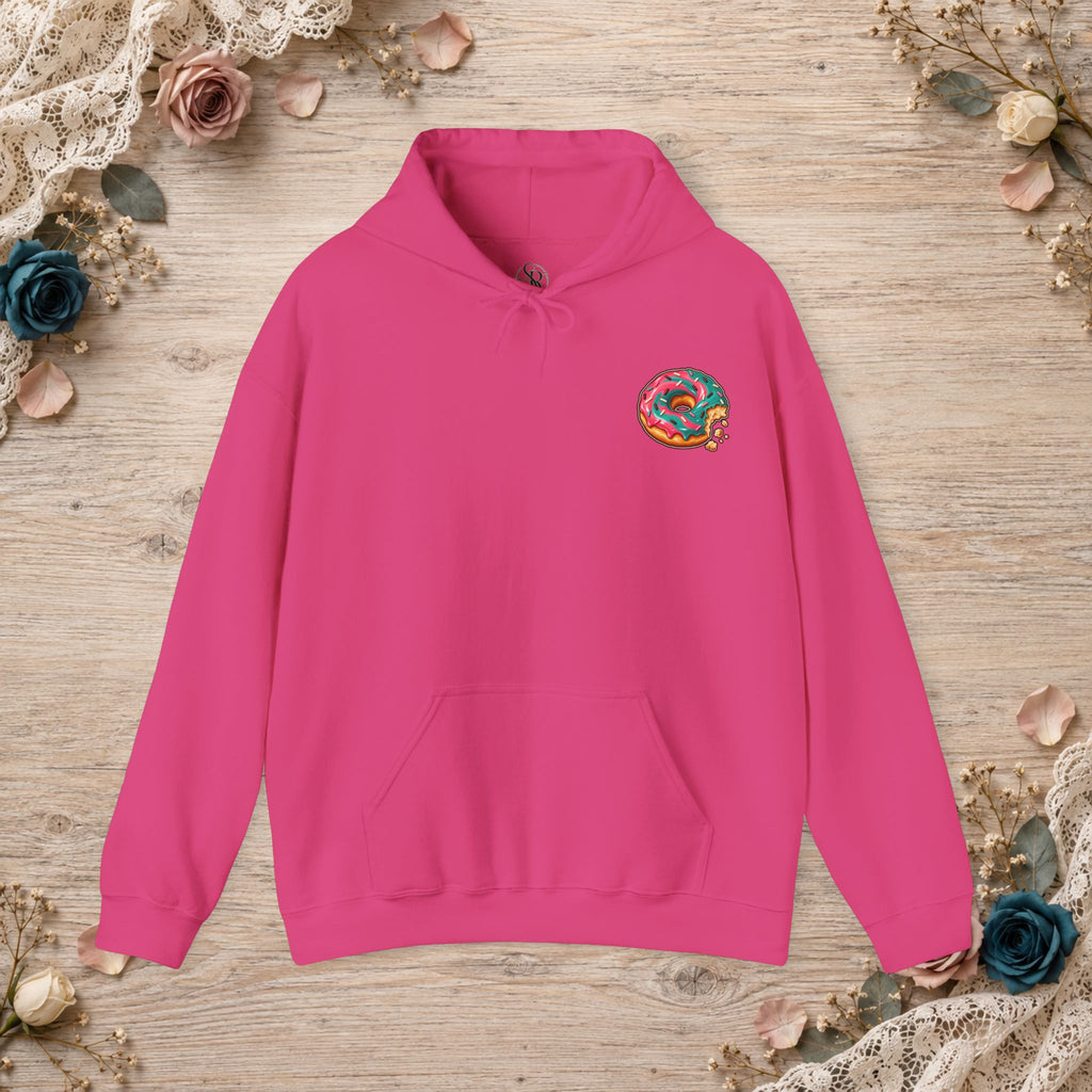 Heliconia Great for the Hole, Bad for the Soul hoodie with small donut design on the front left chest