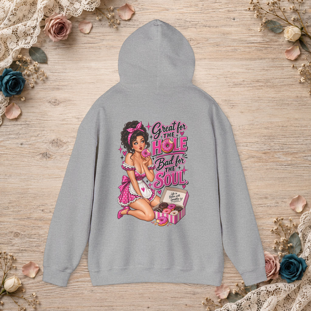 Back of sport grey hoodie featuring the pink Great for the Hole, Bad for the Soul vintage pin-up design
