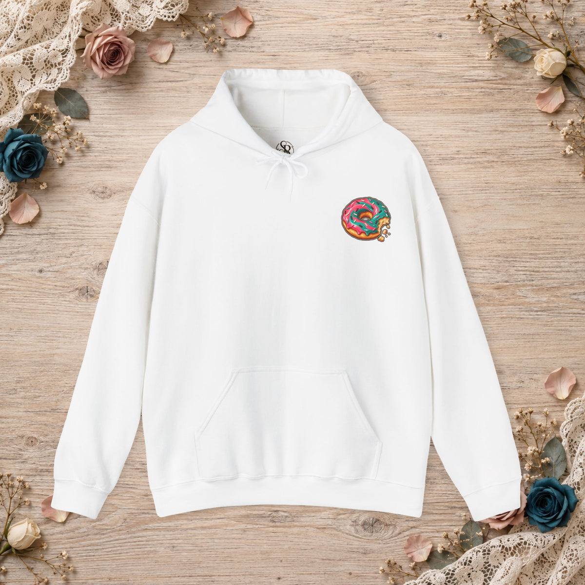 White Great for the Hole, Bad for the Soul hoodie with small donut design on the front left chest