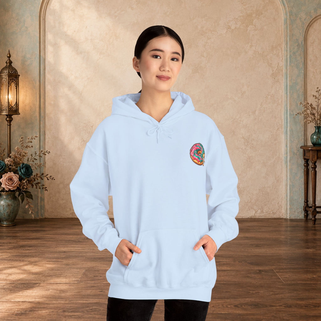 Female model wearing the light blue Great for the Hole, Bad for the Soul hoodie teal version