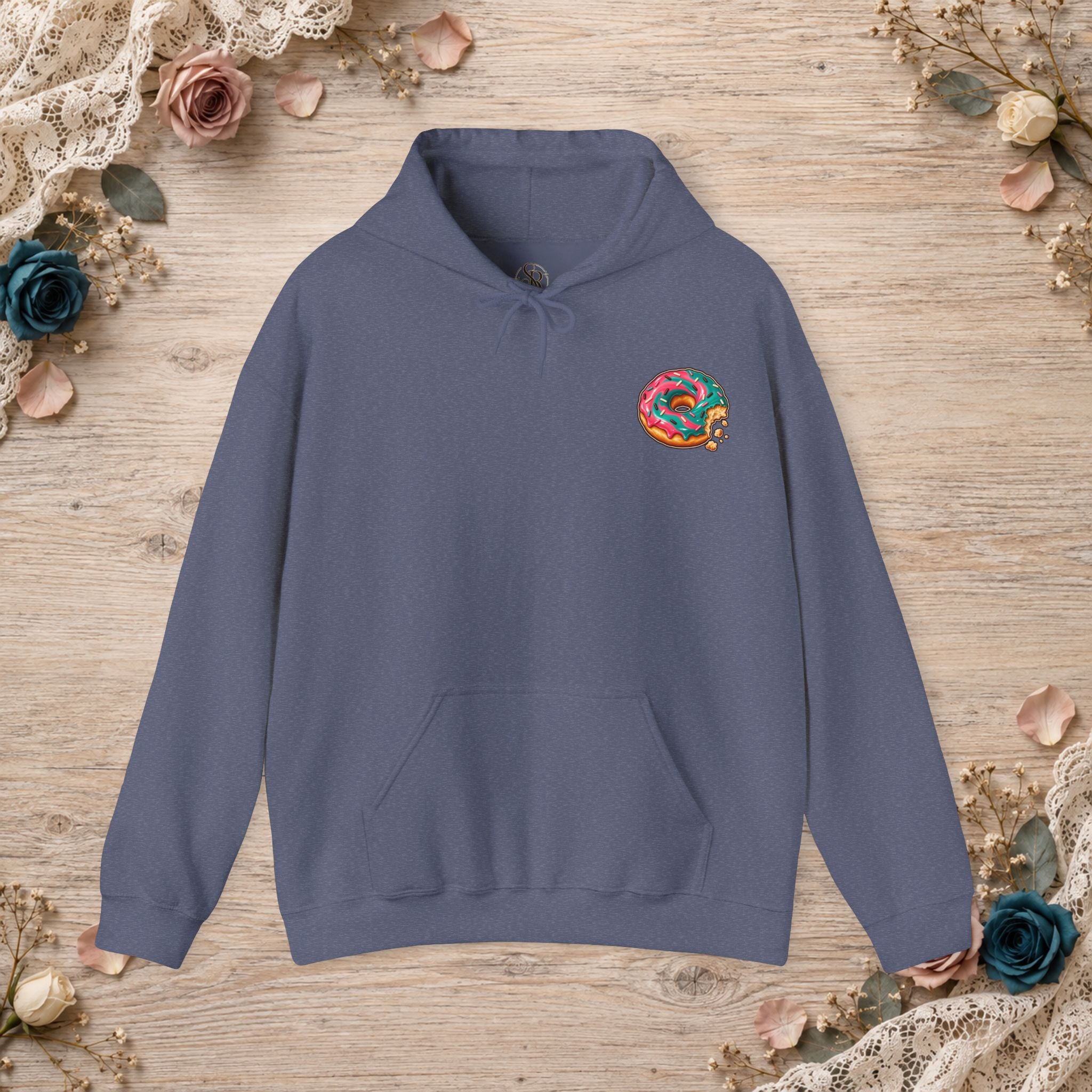 Heather navy Great for the Hole, Bad for the Soul hoodie with small donut design on the front left chest