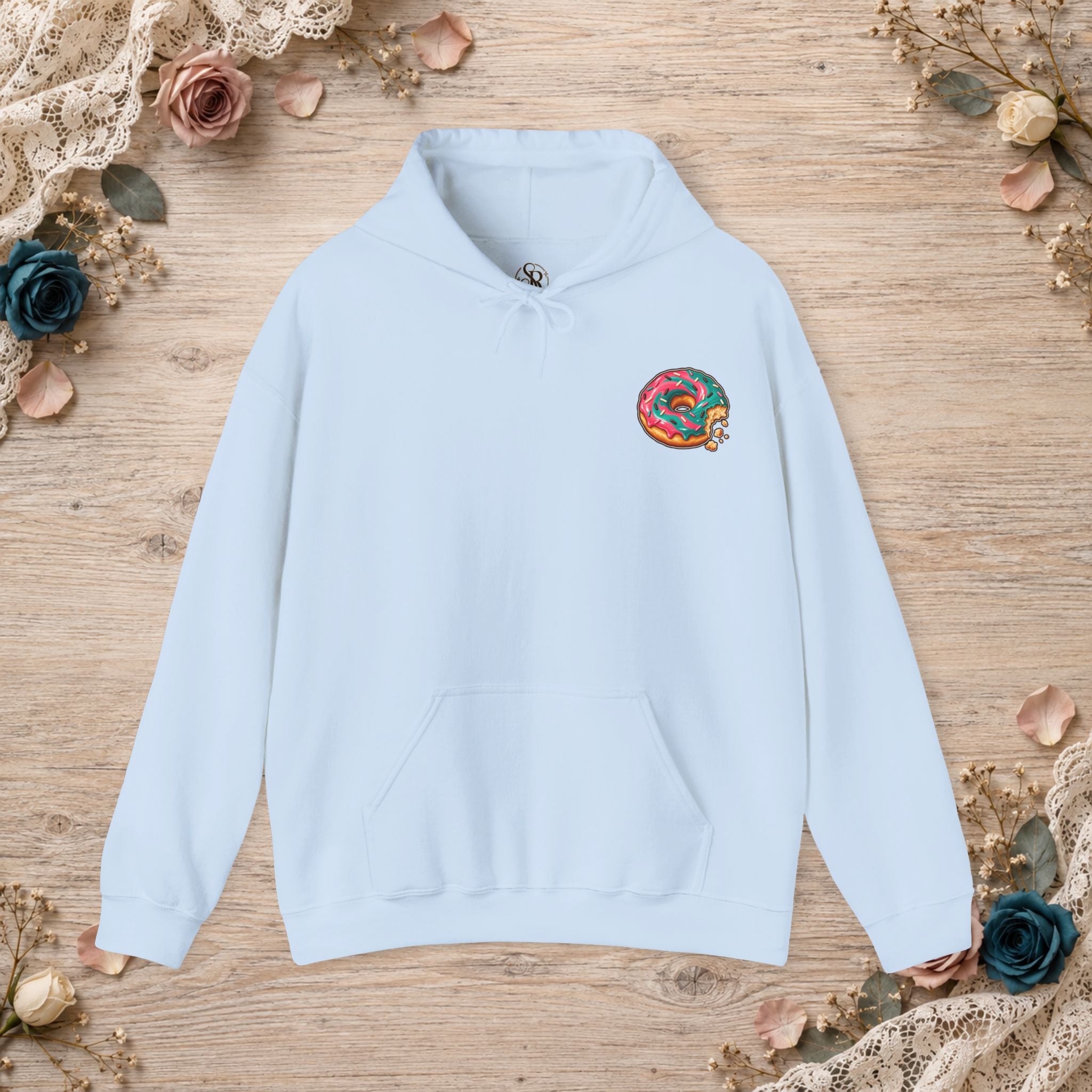 Light blue Great for the Hole, Bad for the Soul hoodie with small donut design on the front left chest