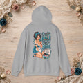 Back of sport grey hoodie featuring the pink Great for the Hole, Bad for the Soul vintage pin-up design
