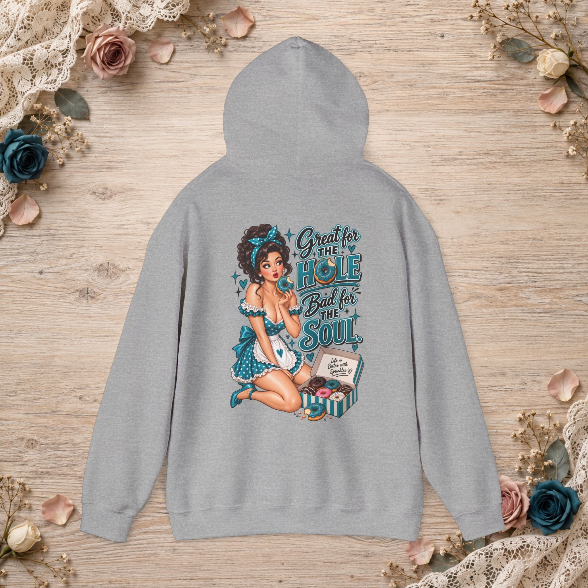 Back of sport grey hoodie featuring the pink Great for the Hole, Bad for the Soul vintage pin-up design