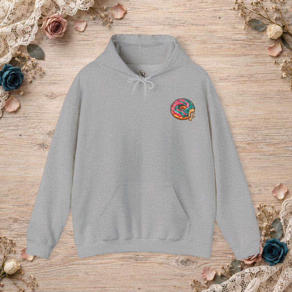 Sport grey Great for the Hole, Bad for the Soul hoodie with small donut design on the front left chest