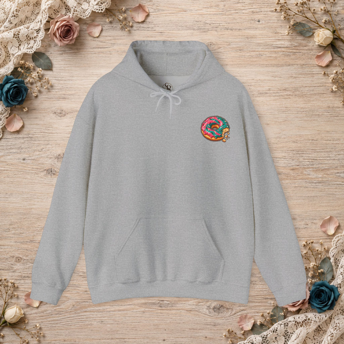 Sport grey Great for the Hole, Bad for the Soul hoodie with small donut design on the front left chest