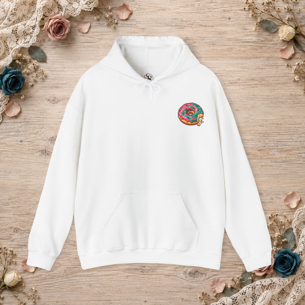 White Great for the Hole, Bad for the Soul hoodie with small donut design on the front left chest
