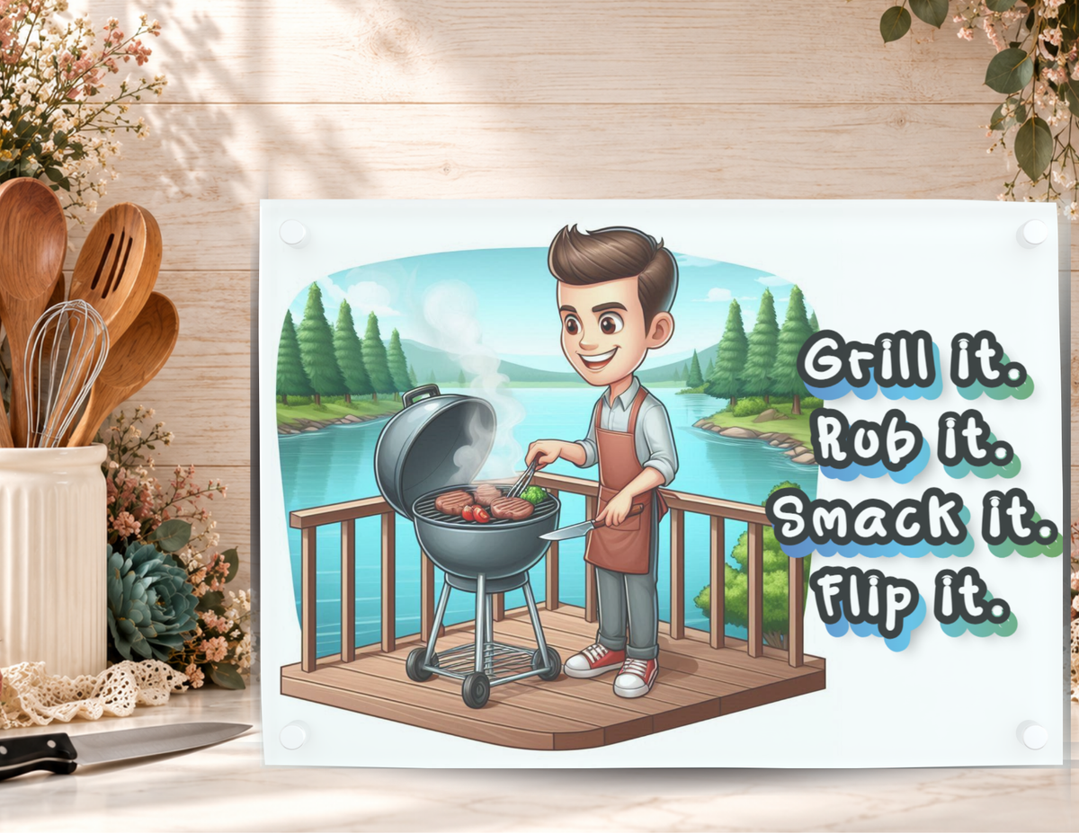Grill It Rub It Smack It Flip It tempered glass cutting board displayed with a kitchen knife, utensils, and floral accents
