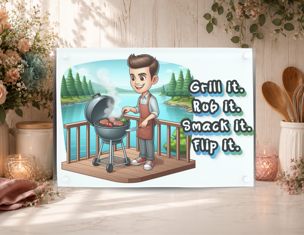 Grill It Rub It Smack It Flip It funny glass cutting board featuring a man grilling beside a scenic lake